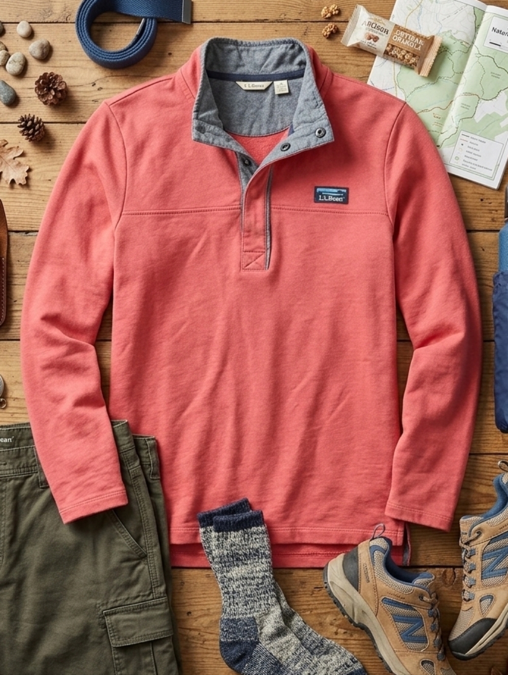 L.L. Bean Long‑Sleeve Quarter‑Placket Pullover with Denim Trim